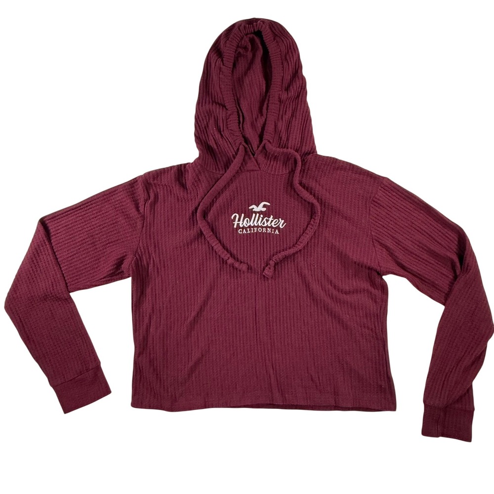 Hollister California Cropped Hoodie Women M Burgundy Waffle Knit Beachy Pullover